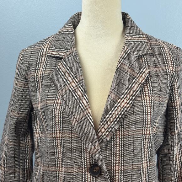 Plaid Tweed Long Blazer Jacket Collar Button Front Career Women's Med Academia - Picture 3 of 6